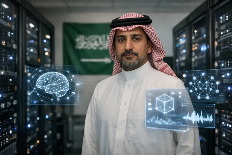 Saudi tech professional in data center with AI graphics
