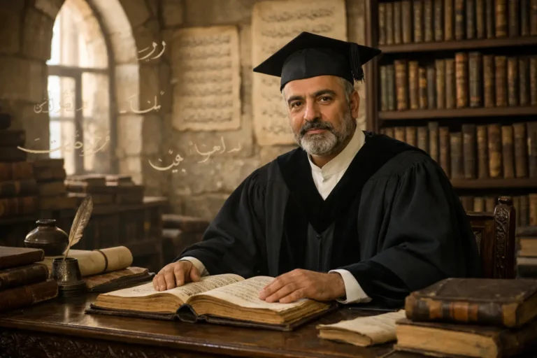 Graduate scholar reading manuscript in historic library