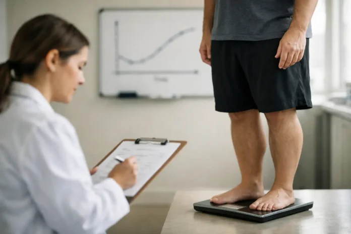 Clinician records patient's weight during a medical examination