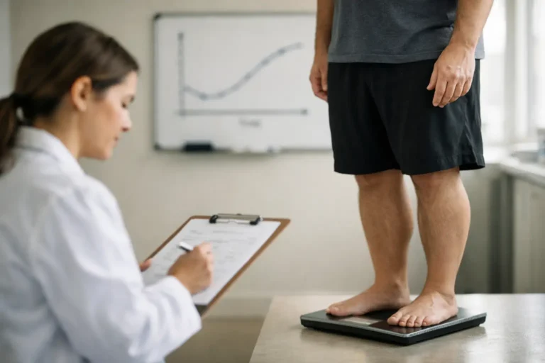 Clinician records patient's weight during a medical examination