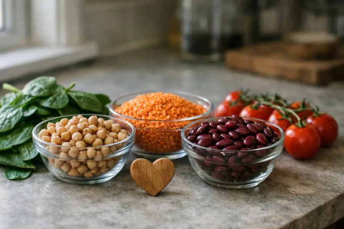 Beans, lentils, spinach, and tomatoes on a kitchen counter