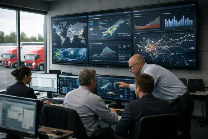 Logistics team monitoring global shipment data dashboards