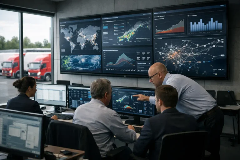 Logistics team monitoring global shipment data dashboards