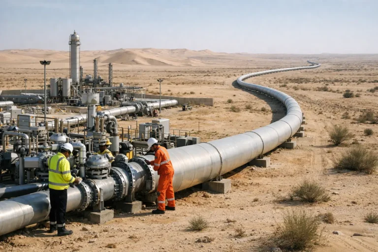 Workers inspect desert pipeline beside industrial processing facility