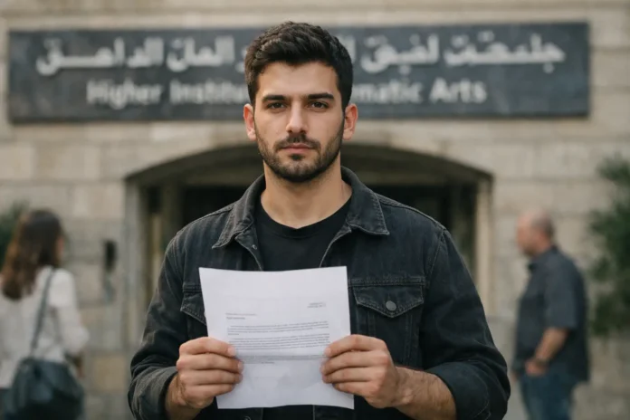 Man holds document outside Middle Eastern migrant assistance center