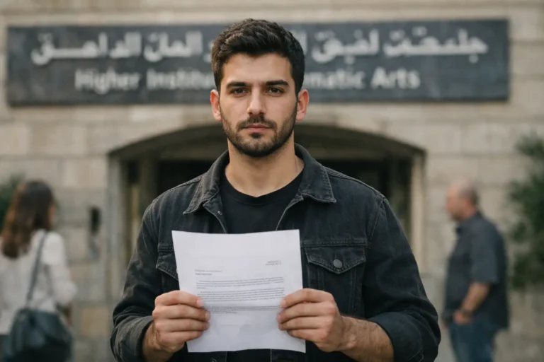 Man holds document outside Middle Eastern migrant assistance center