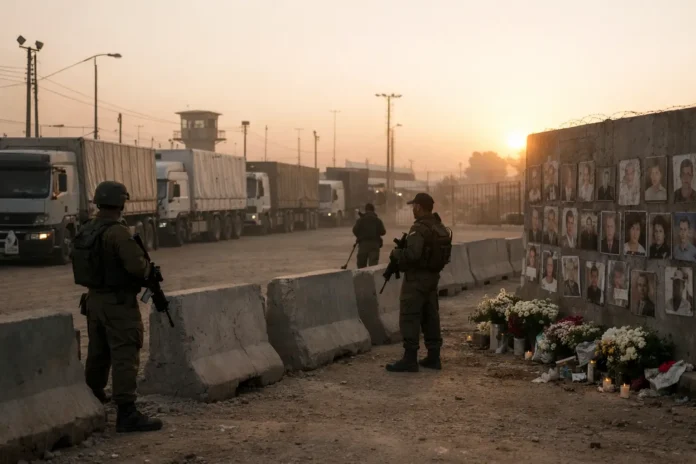 Armed soldiers guard a memorial wall at sunset
