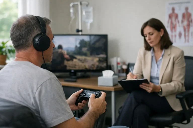 Man wearing headphones plays video games during therapy session