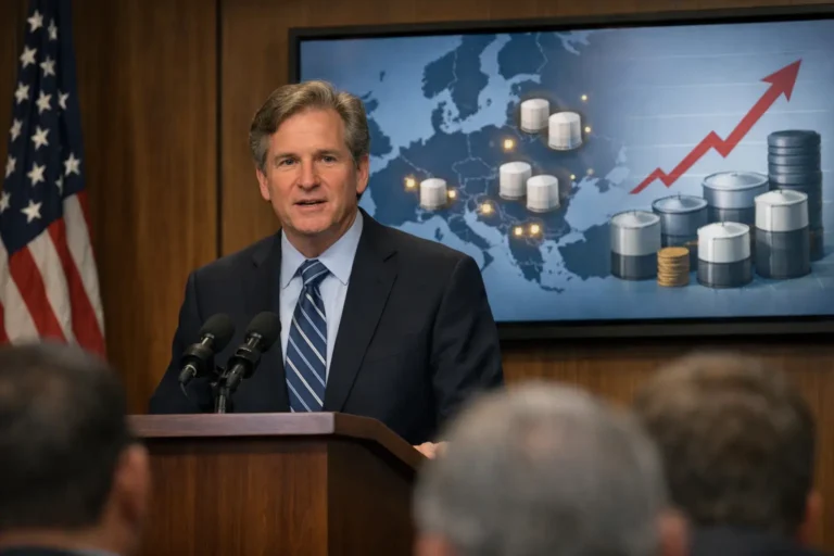 Official speaks at podium before economic growth graphic