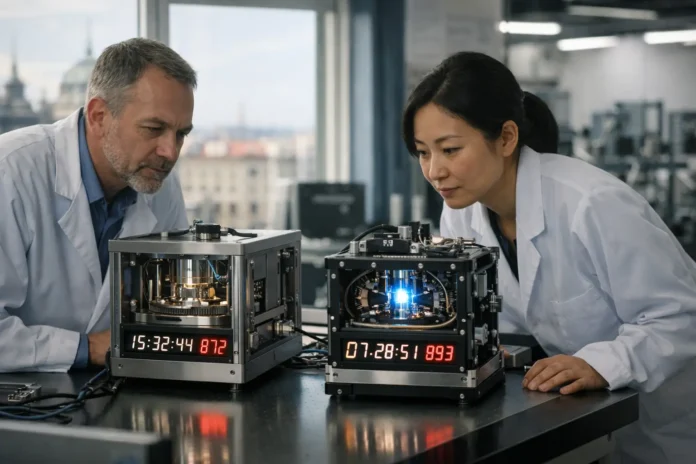 Scientists examine two precision timing devices in a laboratory.