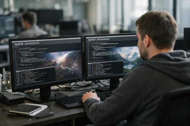 Developer coding at dual monitors in an office