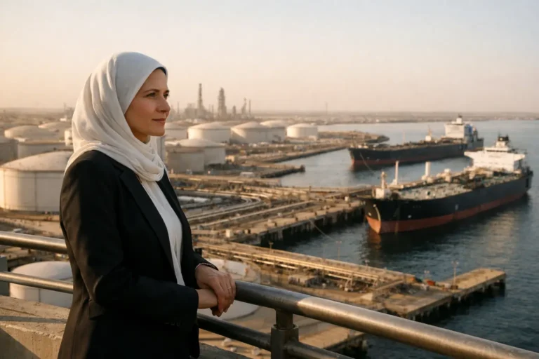 Woman in hijab overlooking oil tanker terminal