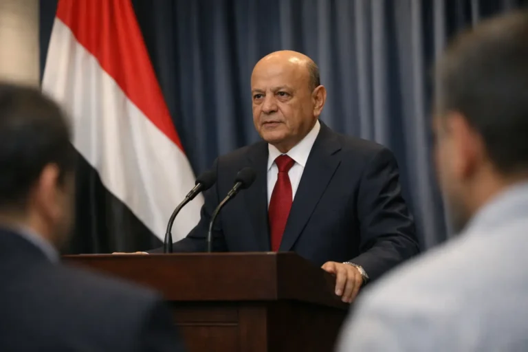Yemeni official speaking at podium beside national flag
