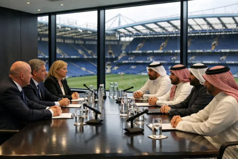 Officials meet in stadium conference room overlooking soccer field