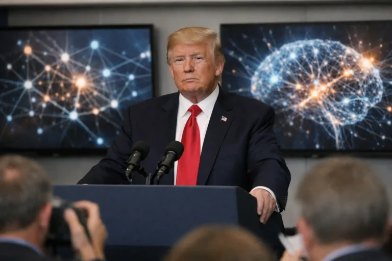 Donald Trump speaks at podium before network graphics.
