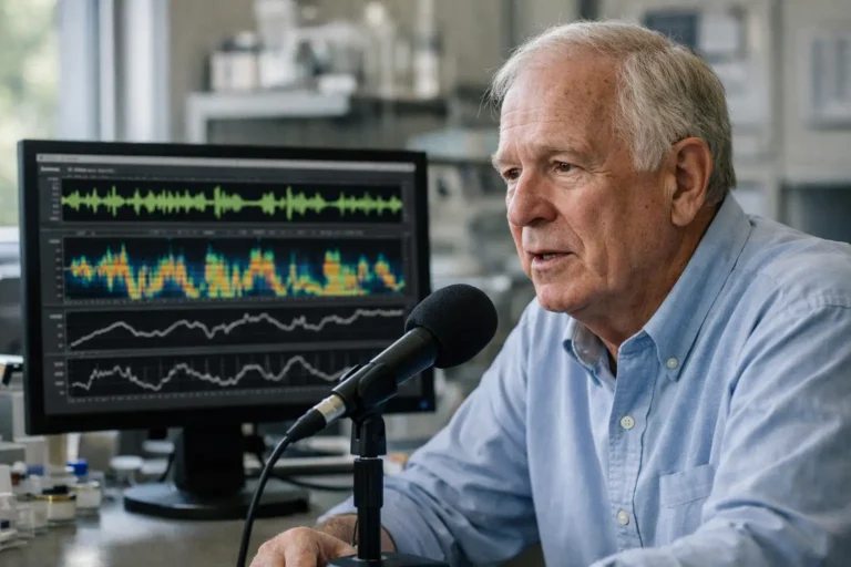 Older man speaking into microphone beside audio analysis monitor