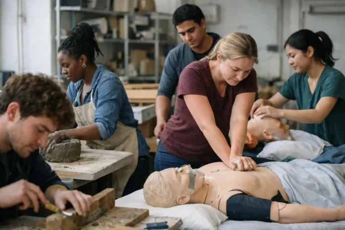 Students practice CPR beside pottery work in a studio