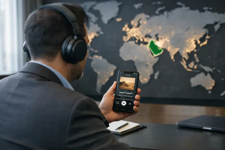 Man wearing headphones listens to Arabic audio beside world map