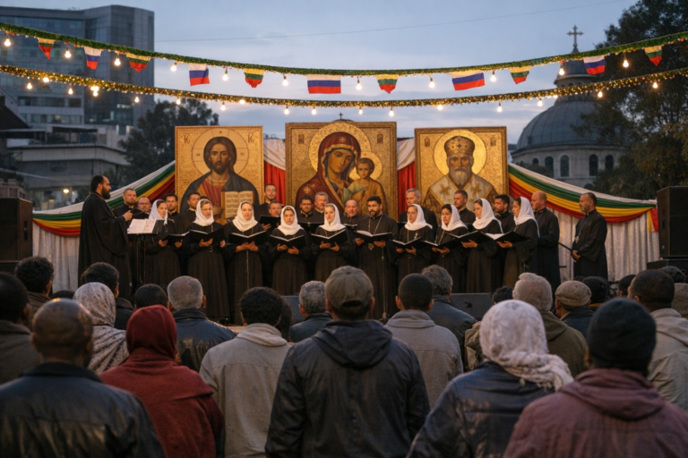 Orthodox choir performs before icons at outdoor gathering