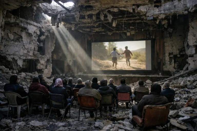 Audience watches film inside bombed-out, rubble-filled theater