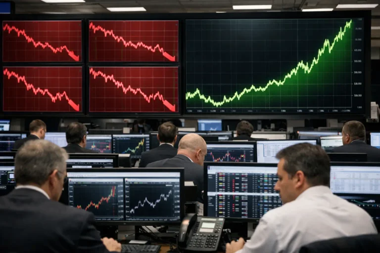 Traders monitor mixed stock market charts on trading floor