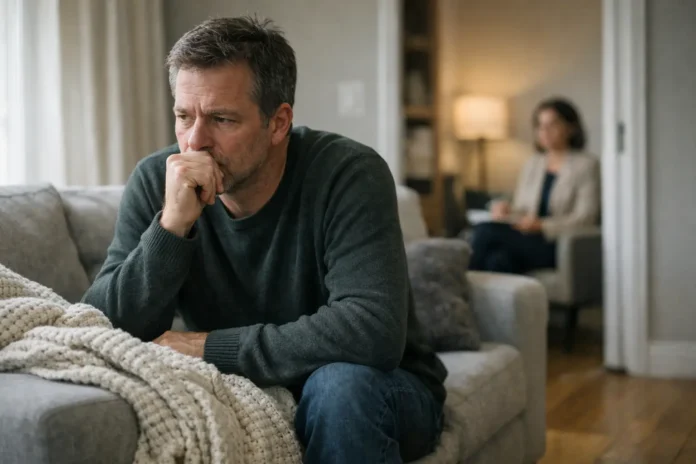 Worried man sits apart from woman in living room