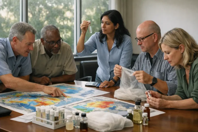 Scientists examine maps, samples, and mesh netting at table.