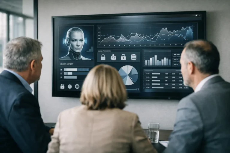 Executives review AI analytics dashboard on a wall display.