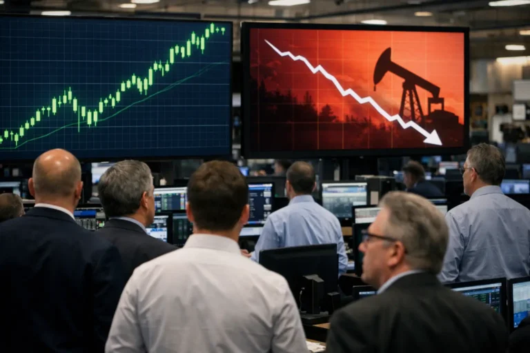 Traders watch rising market chart and falling oil prices