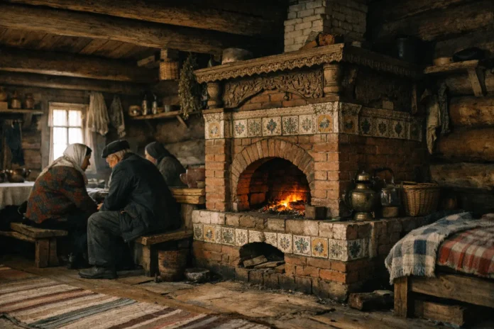 Three people sit beside a tiled brick fireplace.