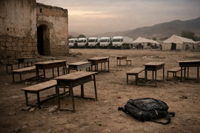 Desks outside damaged building beside aid trucks and tents