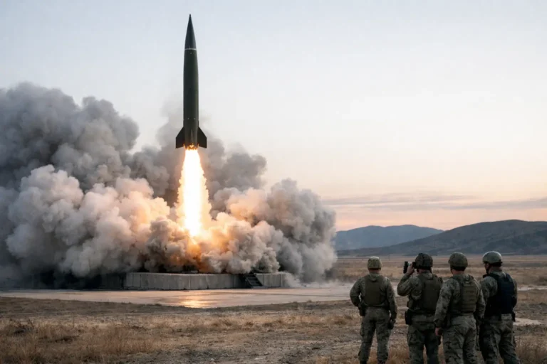Military missile launches as soldiers observe from nearby