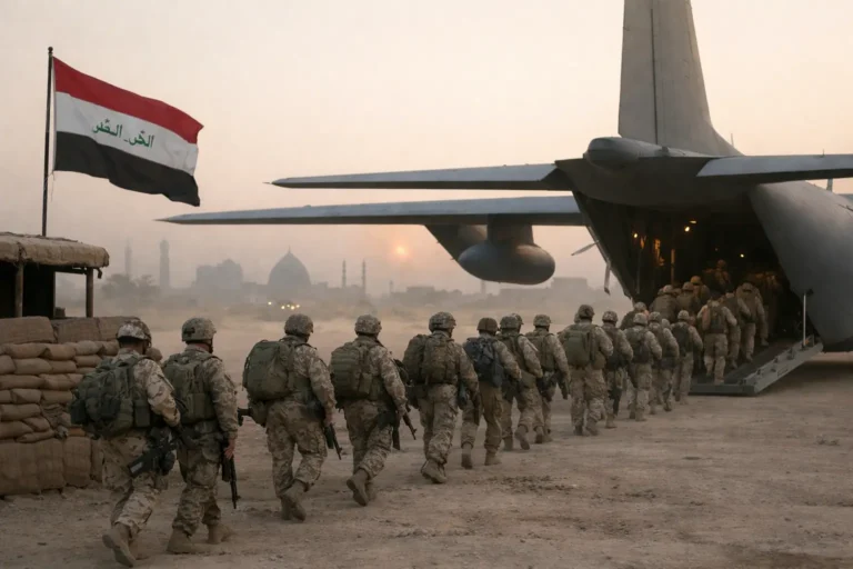 Soldiers board cargo plane beneath Iraqi flag at sunset