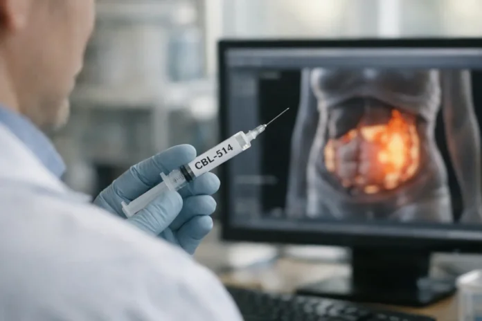 Clinician holds CBL-514 syringe beside abdominal scan