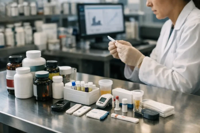 Lab technician handling test strip beside diagnostic supplies