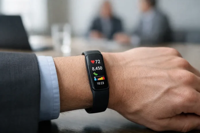 غوغل تدخل سوق الأساور الذكية بشريط جديد مزود بشاشة.jpg Fitness tracker displays heart rate, steps, and activity progress