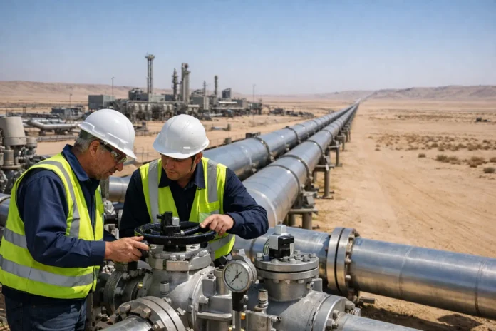 السعودية تسعى لتعزيز صادرات النفط عبر تطوير خط «شرق ــ غرب».jpg Workers inspect pipeline valve at desert industrial facility.