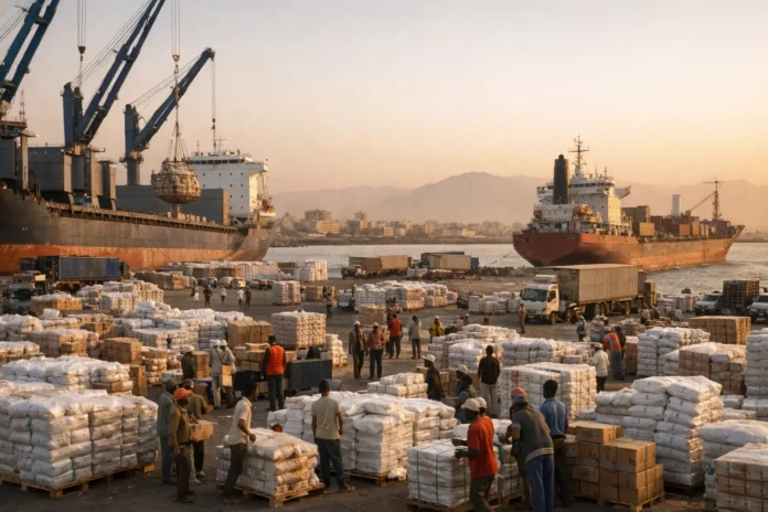 Dockworkers unload bagged cargo beside ships and cranes