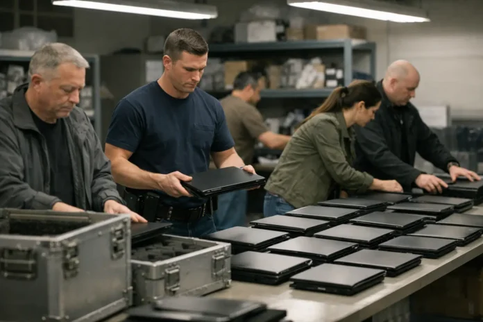 Workers organize laptops on a warehouse table.