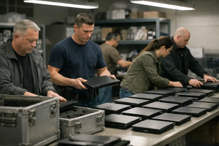 Workers organize laptops on a warehouse table.