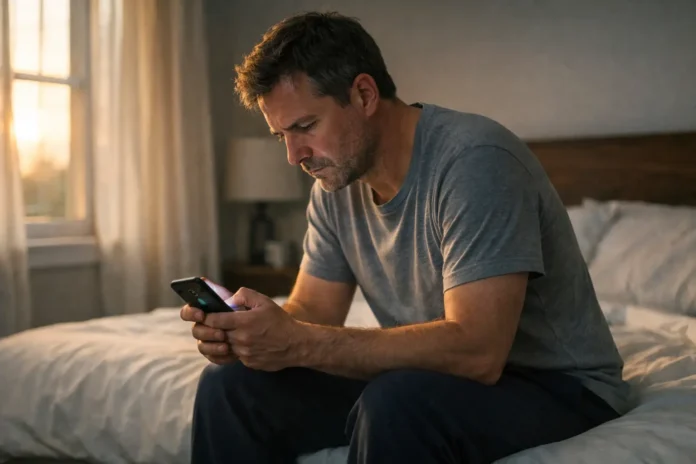 Concerned man sits on bed looking at smartphone