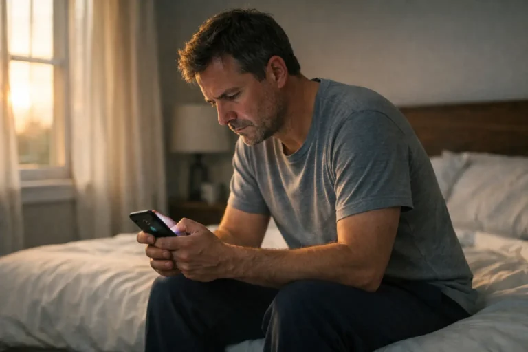 Concerned man sits on bed looking at smartphone