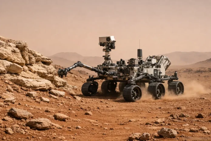«برسيفيرانس» تحطم رقم القيادة على سطح المريخ وتفحص صخوراً فاتحة اللون.jpg Mars rover examines rocky terrain with robotic arm extended