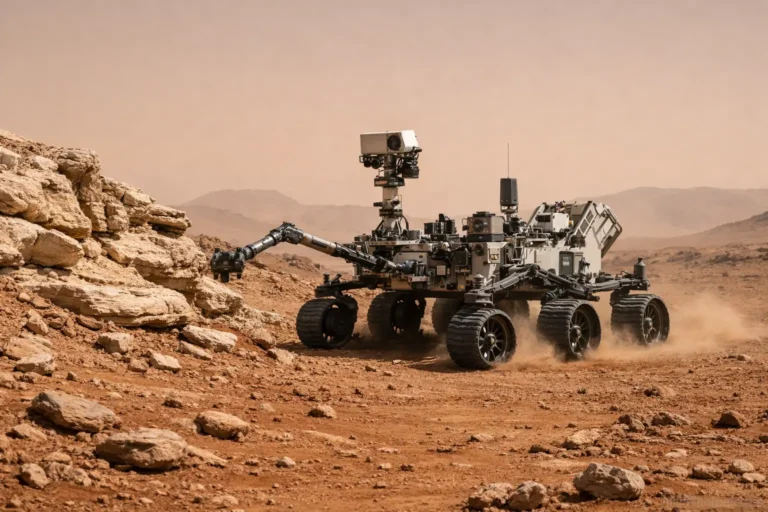 Mars rover examines rocky terrain with robotic arm extended