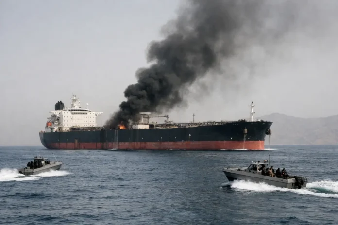هجوم جديد على ناقلة في مضيق هرمز يرفع المخاوف حول سلامة الملاحة.jpg Burning oil tanker emits black smoke as patrol boats pass