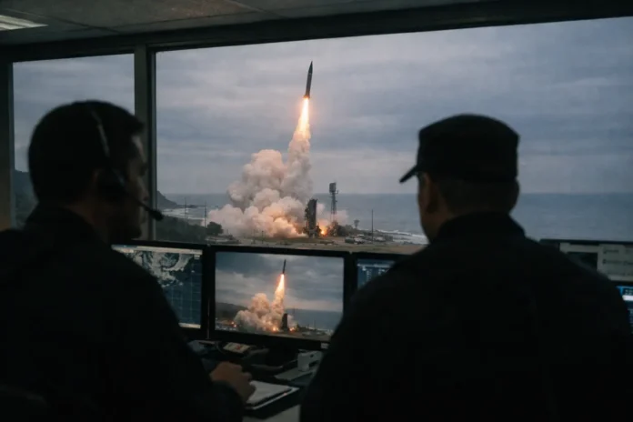 Two operators watch a coastal missile launch
