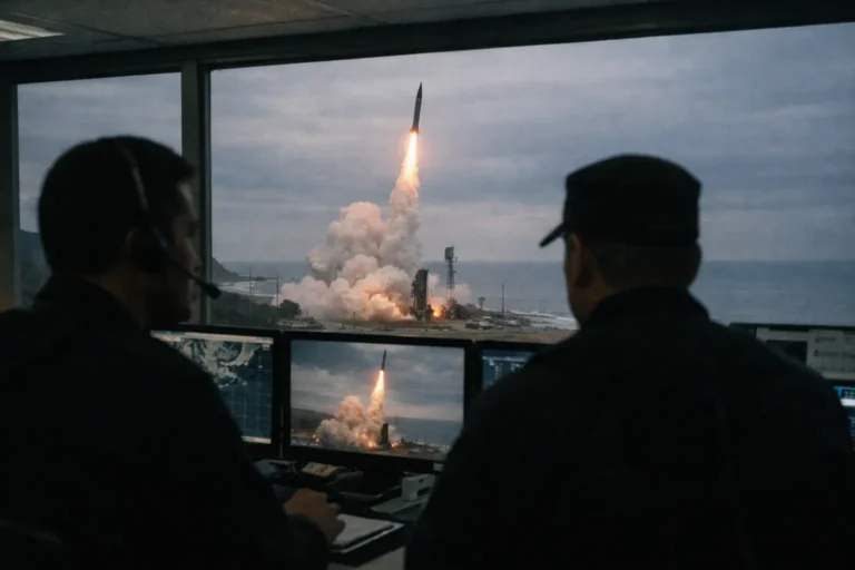 Two operators watch a coastal missile launch