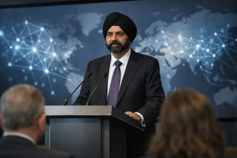 Sikh businessman speaks at podium before world network map
