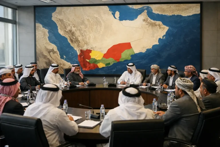 Delegates meet beneath map of Arabian Peninsula.