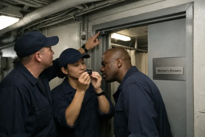 Crew members inspect fixture outside a women's shower doorway.